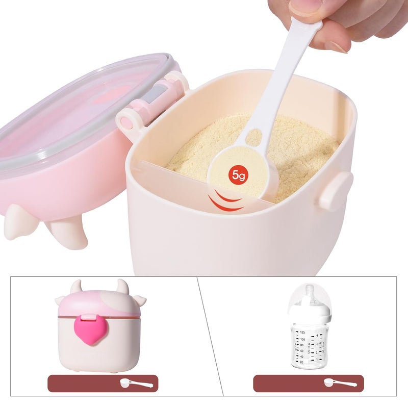 Bebamour Baby Formula Dispenser On The Go, Formula Container to Go, Formula Holder for Travel, Candy Fruit Snack Storage Container with Scoop and Leveller (Light Pink Cow) - Image 3